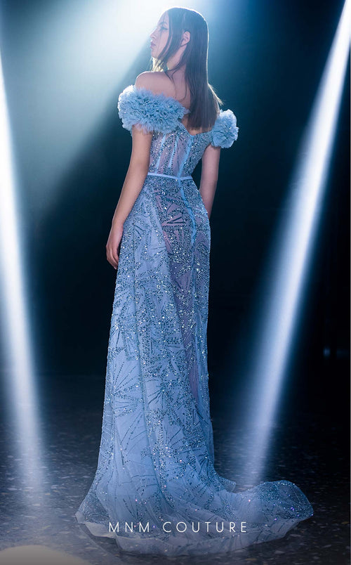 MNM Couture K3963 Blue Off-Shoulder Floral Sleeve Gown