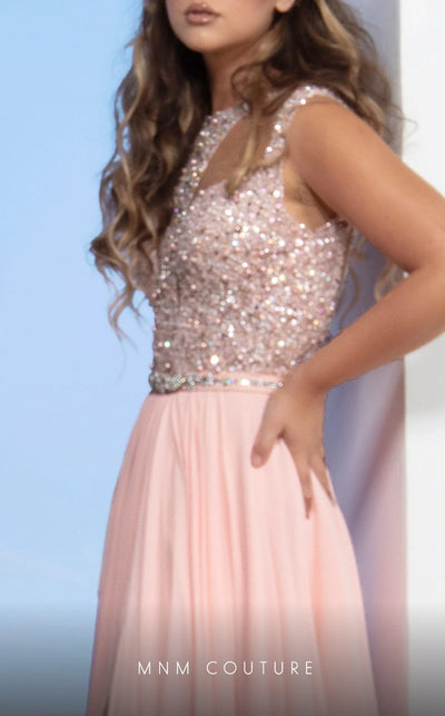 MNM Couture M0088 Peach High-Neck Chiffon Evening Gown