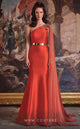 MNM Couture EZ0020 One-Shoulder Satin Gown with Cape Sleeve in Burgundy