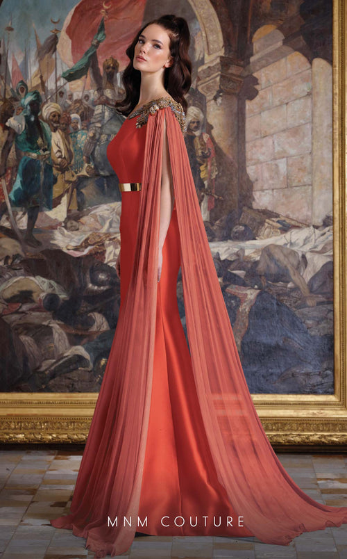 MNM Couture EZ0020 One-Shoulder Satin Gown with Cape Sleeve in Burgundy