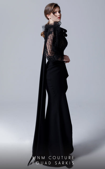 Fouad Sarkis 2690 Asymmetrical Lace & Draped Slit Gown