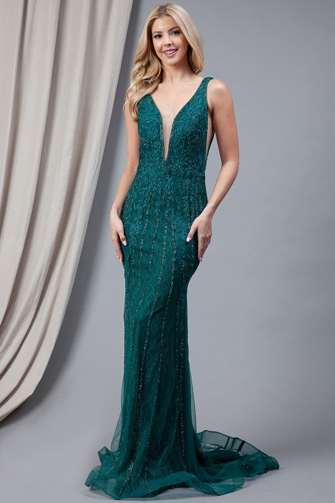 Amelia Couture 2103 Sleeveless Mermaid Evening Gown - EMERALD GREEN / 2