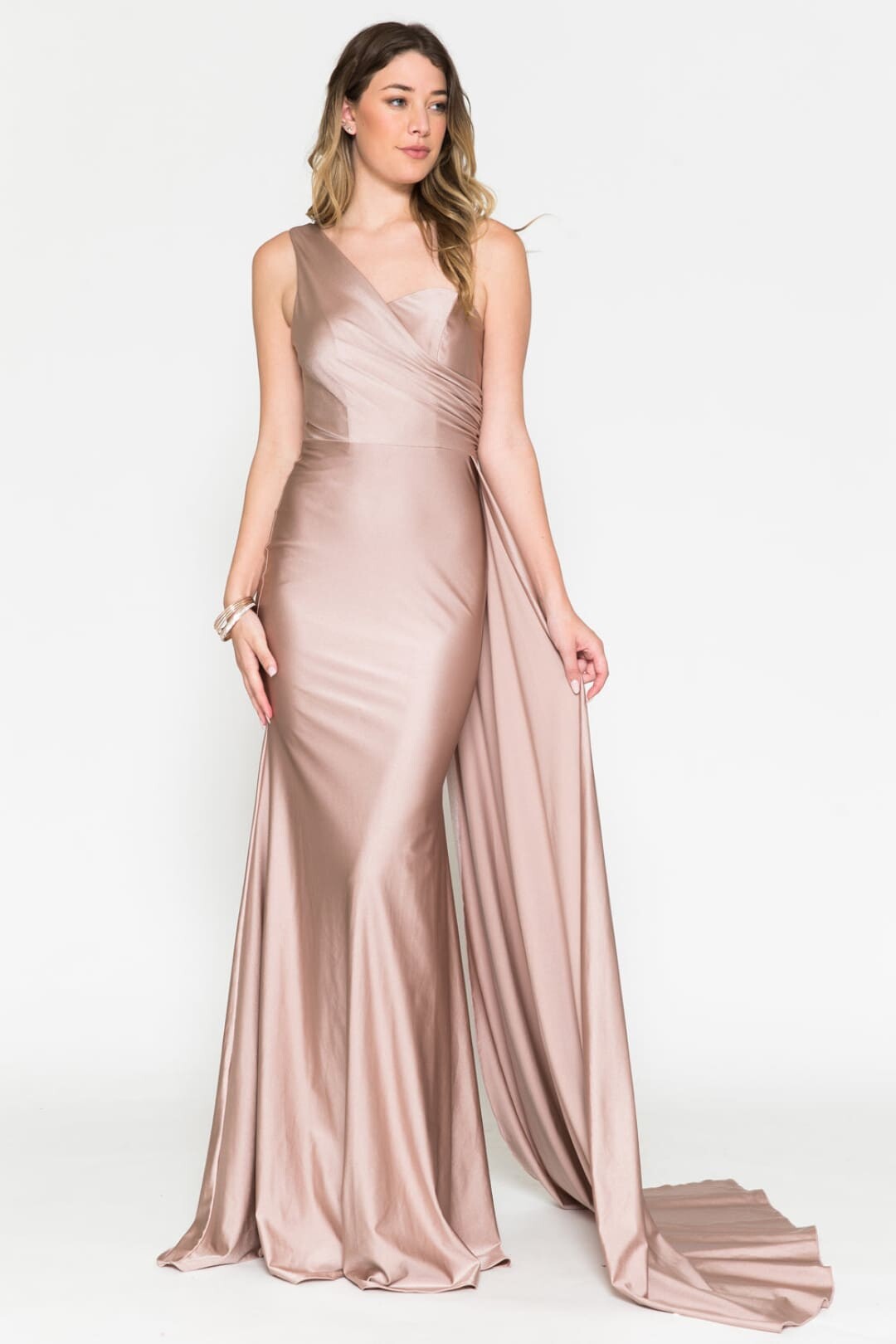 Final Sale Amelia Couture 387 One Shoulder Side Sash Long Pageant Dress - DUSTY ROSE / 14 - Dress