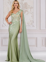 Final Sale Amelia Couture 388 One Shoulder Sage Size 8 3D Floral Gown