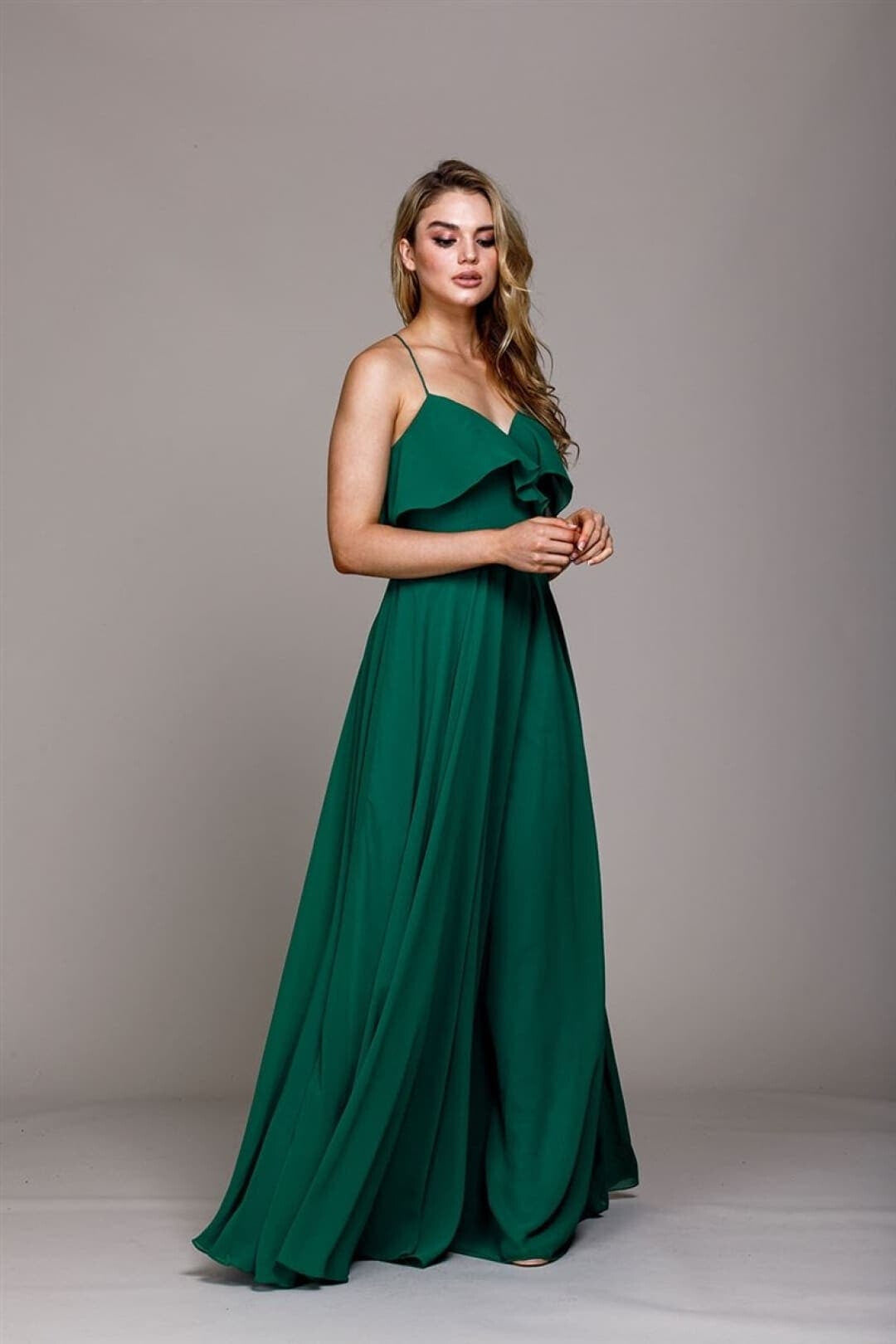 Long Chiffon Bridesmaid Dress - LAA475 - Green / 2
