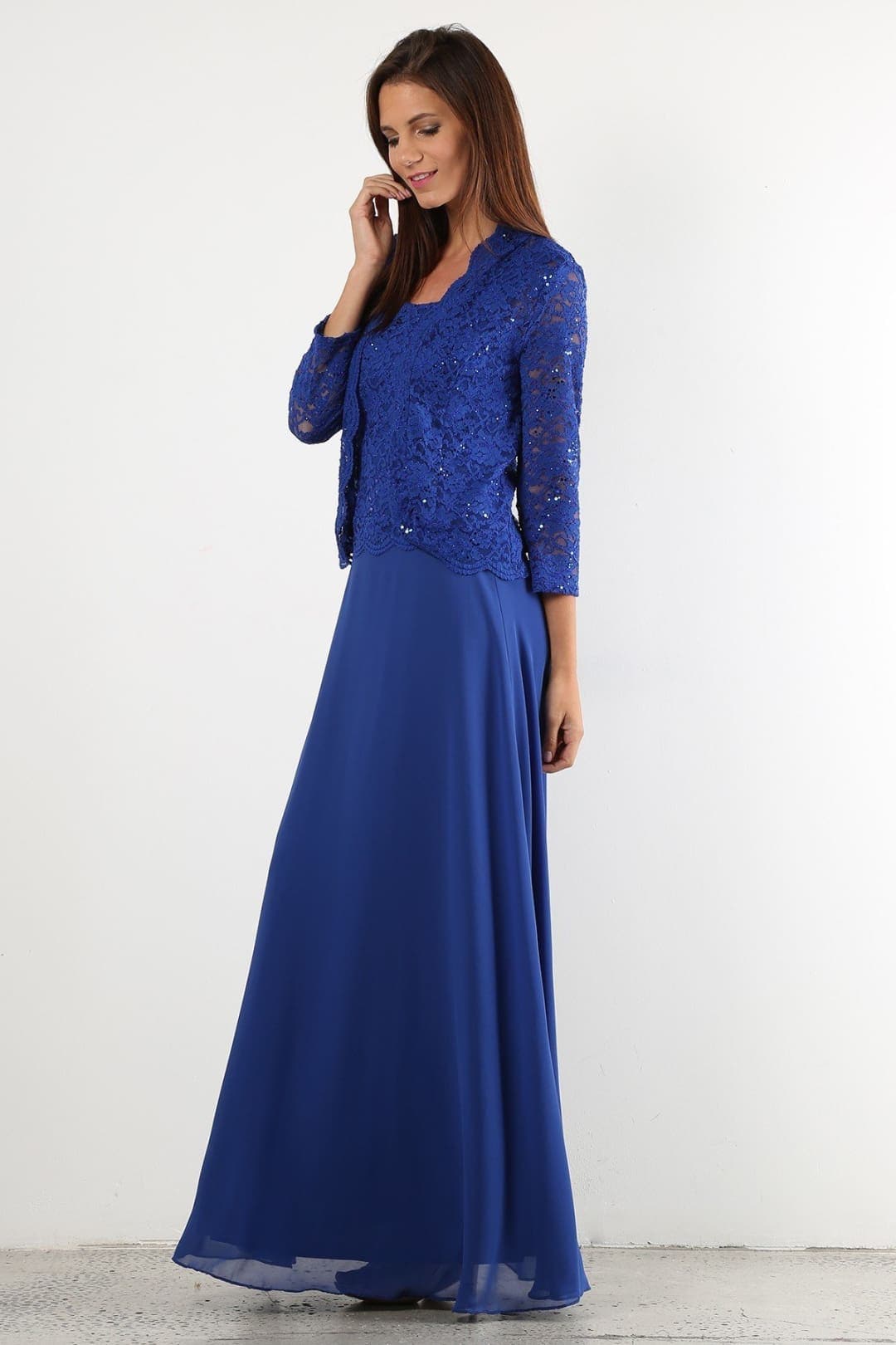 FINAL SALE! Quarter Sleeve Lace & Sequins Long Chiffon Dress