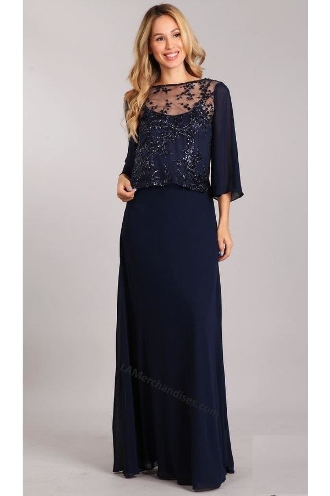 Final Sale! Fanny 2428 Quarter Sleeve Embroiderer & Sequins Long Chiffon Dress