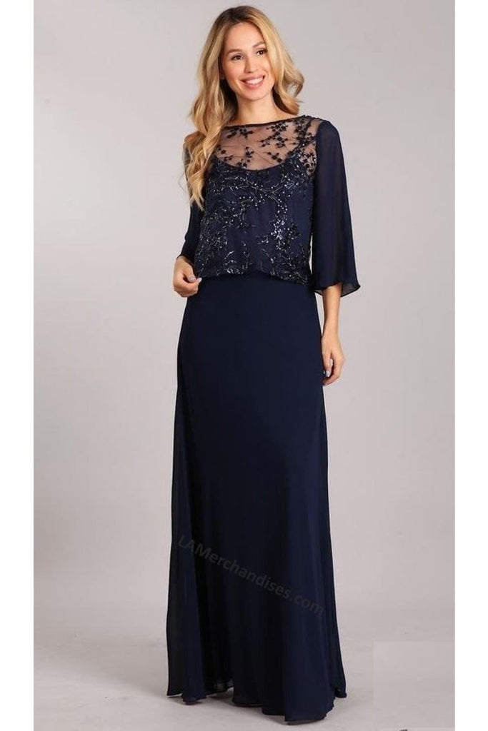 Quarter Sleeve Embroiderer & Sequins Long Chiffon Dress- GA2428 - NAVY BLUE / S