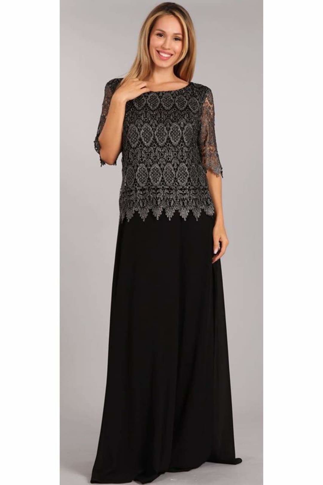 3/4 Sleeve Long Lace & Chiffon Dress- LA2550GA - Black / M