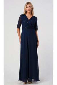 3/4 Sleeve Modest Gown & Plus Size - NAVY / M