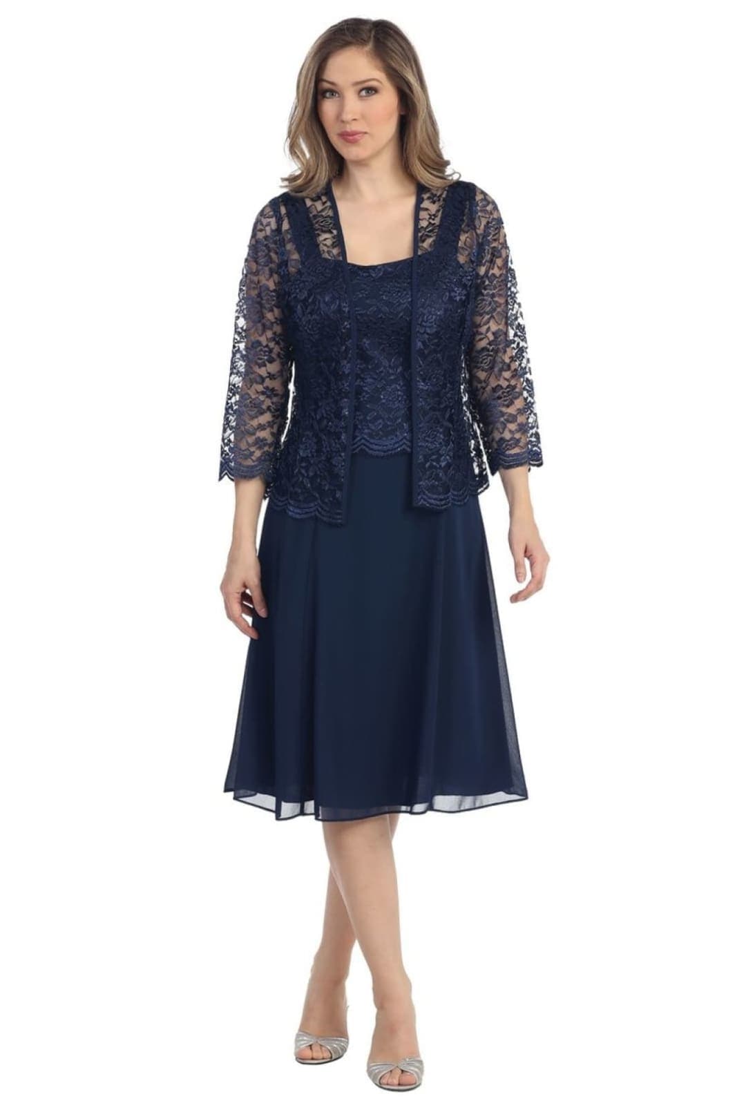 FINAL SALE! J&J Fashion 8485 Semi Formal Dress With Jacket - NAVY BLUE / L