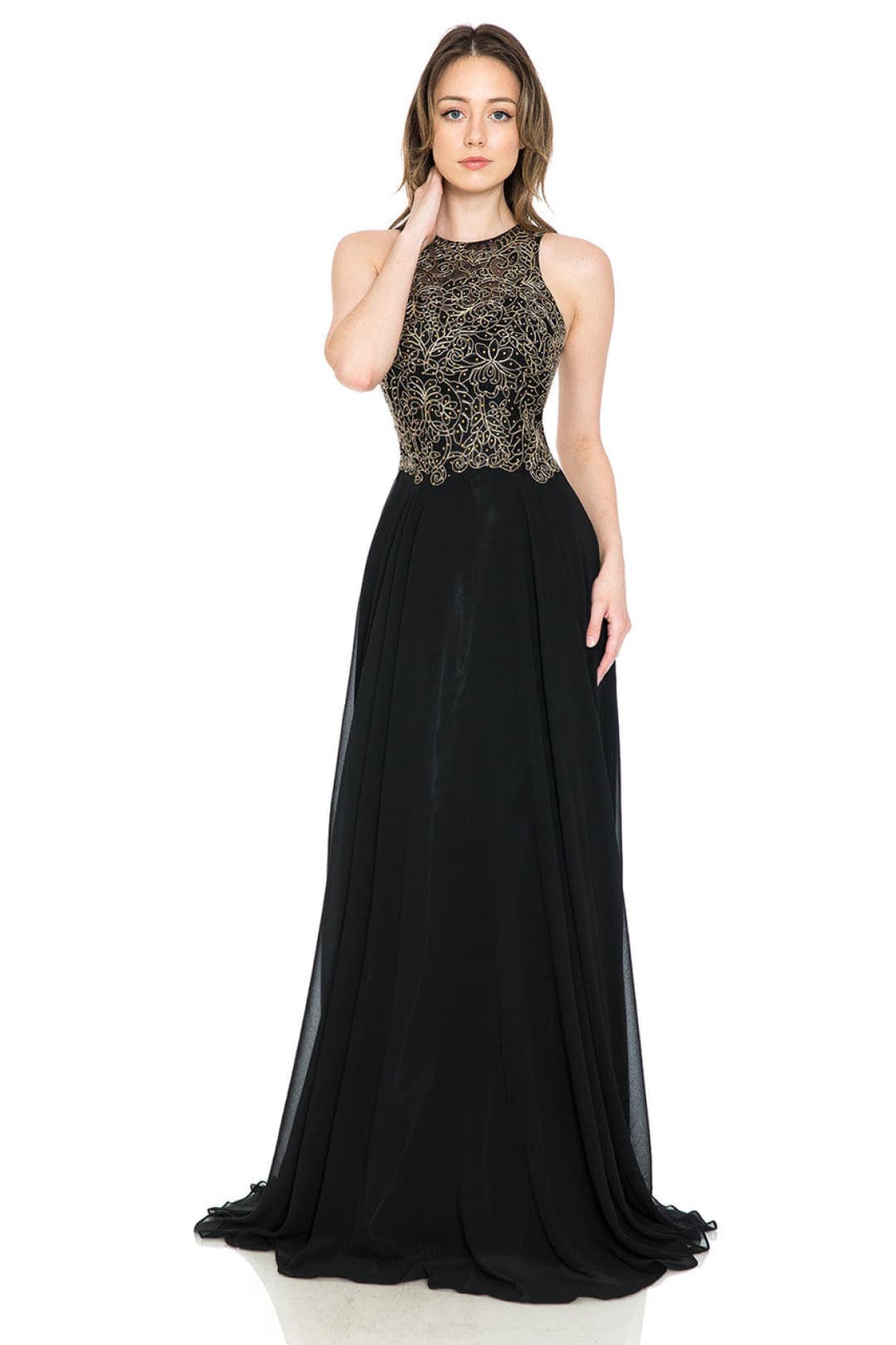 Final Sale! Lenovia 8169 Halter Long Embroidered Dress - BLACK / L