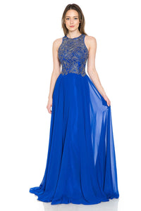 Final Sale! Lenovia 8169 Halter Long Embroidered Dress - ROYAL / S