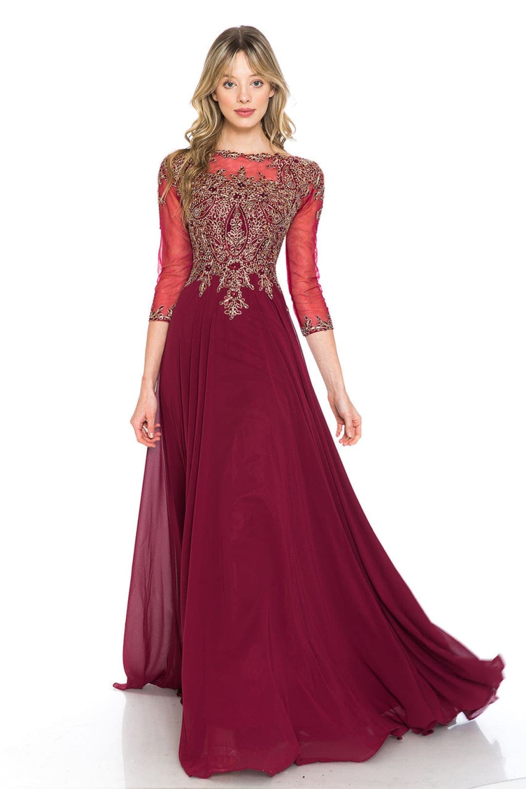 Final Sale! Lenvia 8171 Sheer 3/4 Sleeve Mother Of The Groom Dress - BURGUNDY / S