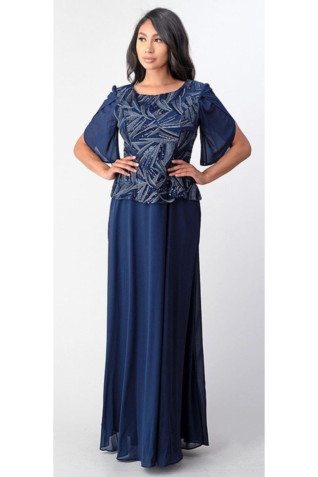 Flutter Sleeves Evening Gown - NAVY BLUE / L
