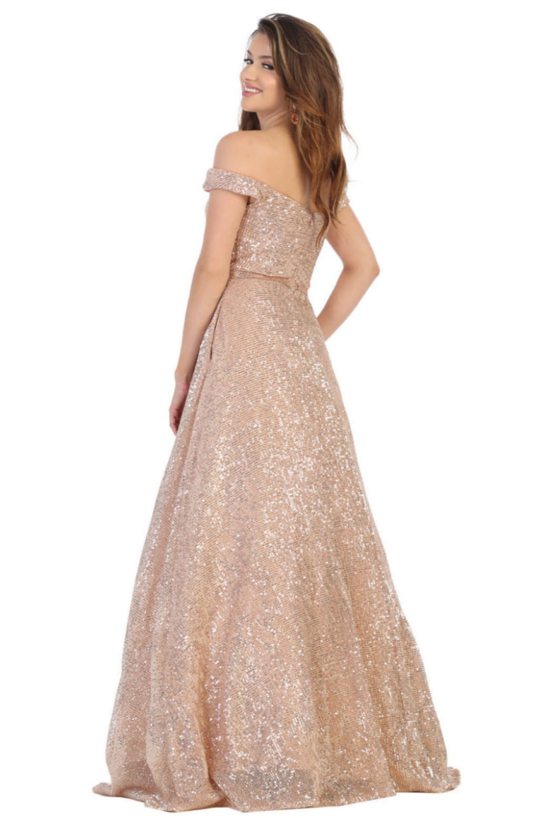 Final Sale! Royal Queen RQ7807 Off Shoulder Sequined Red Carpet Dress - ROSE GOLD / 6 - Dress