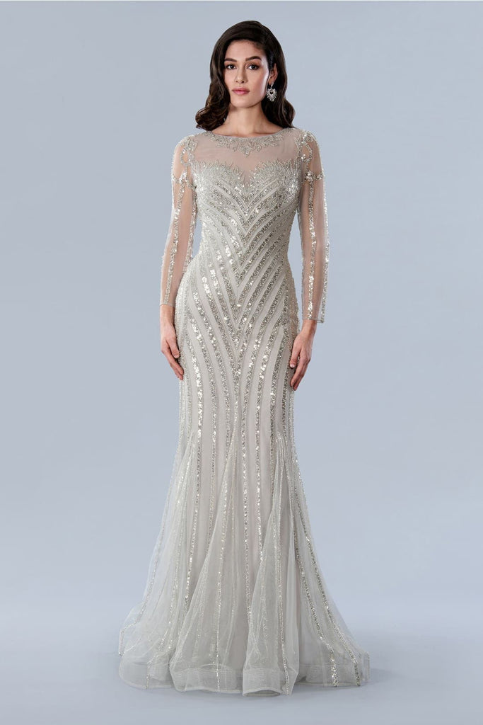 Stella Couture 23369 Embellished Long Sleeve Formal Mother of Bride Gown - SILVER / 6 - Dress