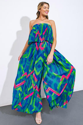 Flying Tomato 8336 Blue Strapless Printed Jumpsuit