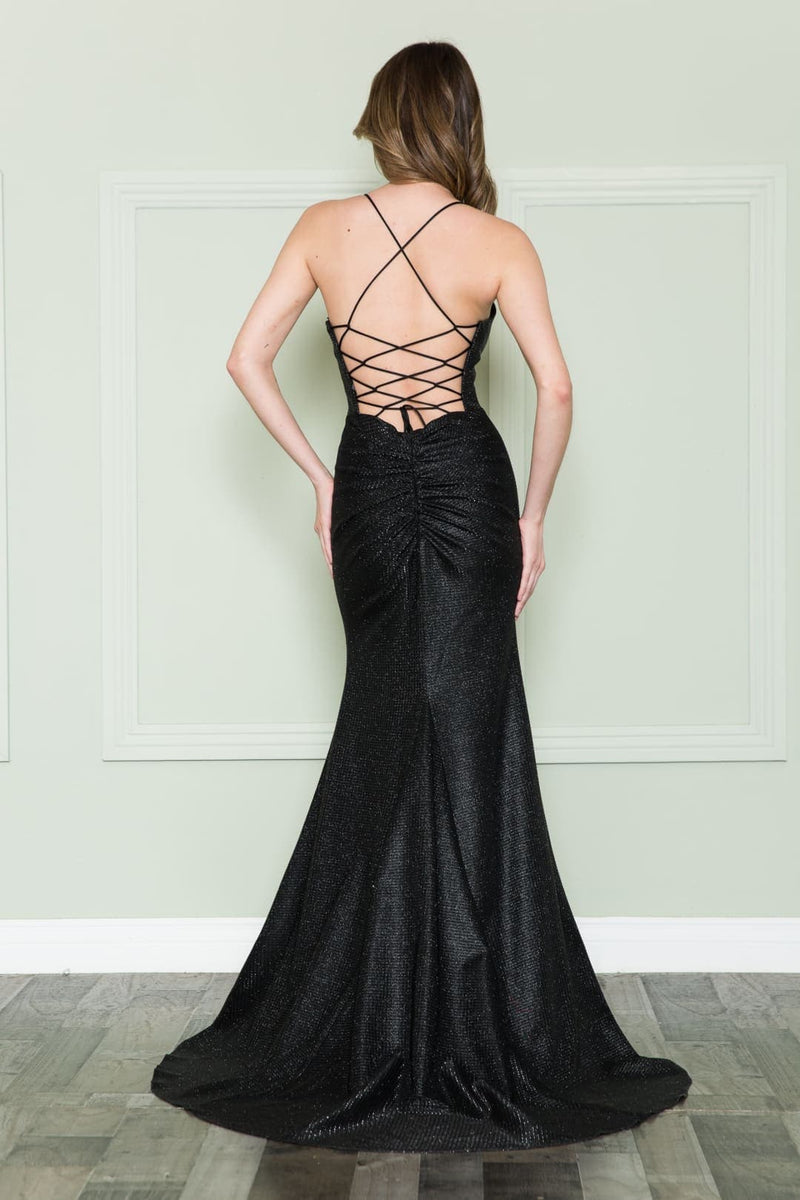 POLY USA 8878 Fit And Flare Spaghetti Straps Sexy Open Back Prom Dress