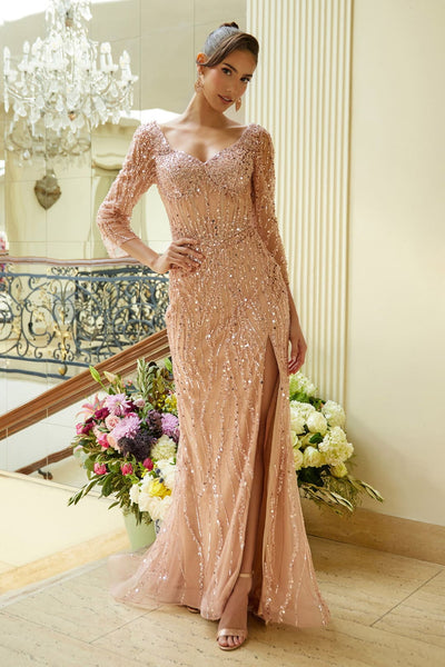 Fitted 3/4 Sleeve Slit Gown by GLS Gloria GL3575 - S / Dusty Rose - Long Formal Dresses