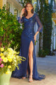 Fitted 3/4 Sleeve Slit Gown by GLS Gloria GL3575 - S / Navy - Long Formal Dresses