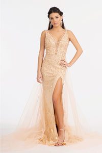 Fitted 3D Floral Applique Gown by Elizabeth K GL3011 - XS / Champagne - Long Formal Dresses