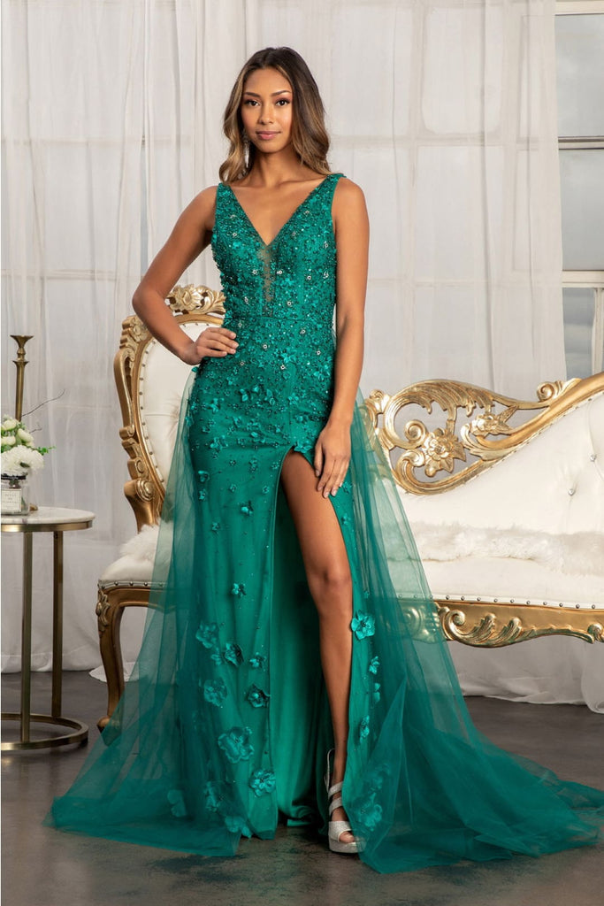 Fitted 3D Floral Applique Gown by Elizabeth K GL3011 - XS / Emerald Green - Long Formal Dresses