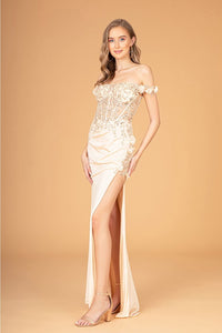 Fitted 3D Floral Corset Gown by Elizabeth K GL3082 - XS / Champagne - Long Formal Dresses