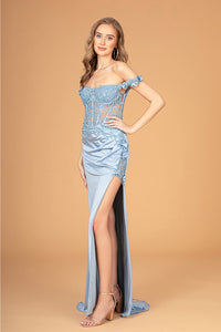 Fitted 3D Floral Corset Gown by Elizabeth K GL3082 - XS / Smoky Blue - Long Formal Dresses
