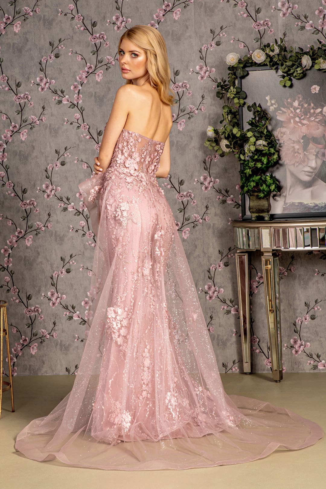 Fitted 3D Floral Strapless Overskirt Gown by GLS Gloria GL3257 - Long Formal Dresses