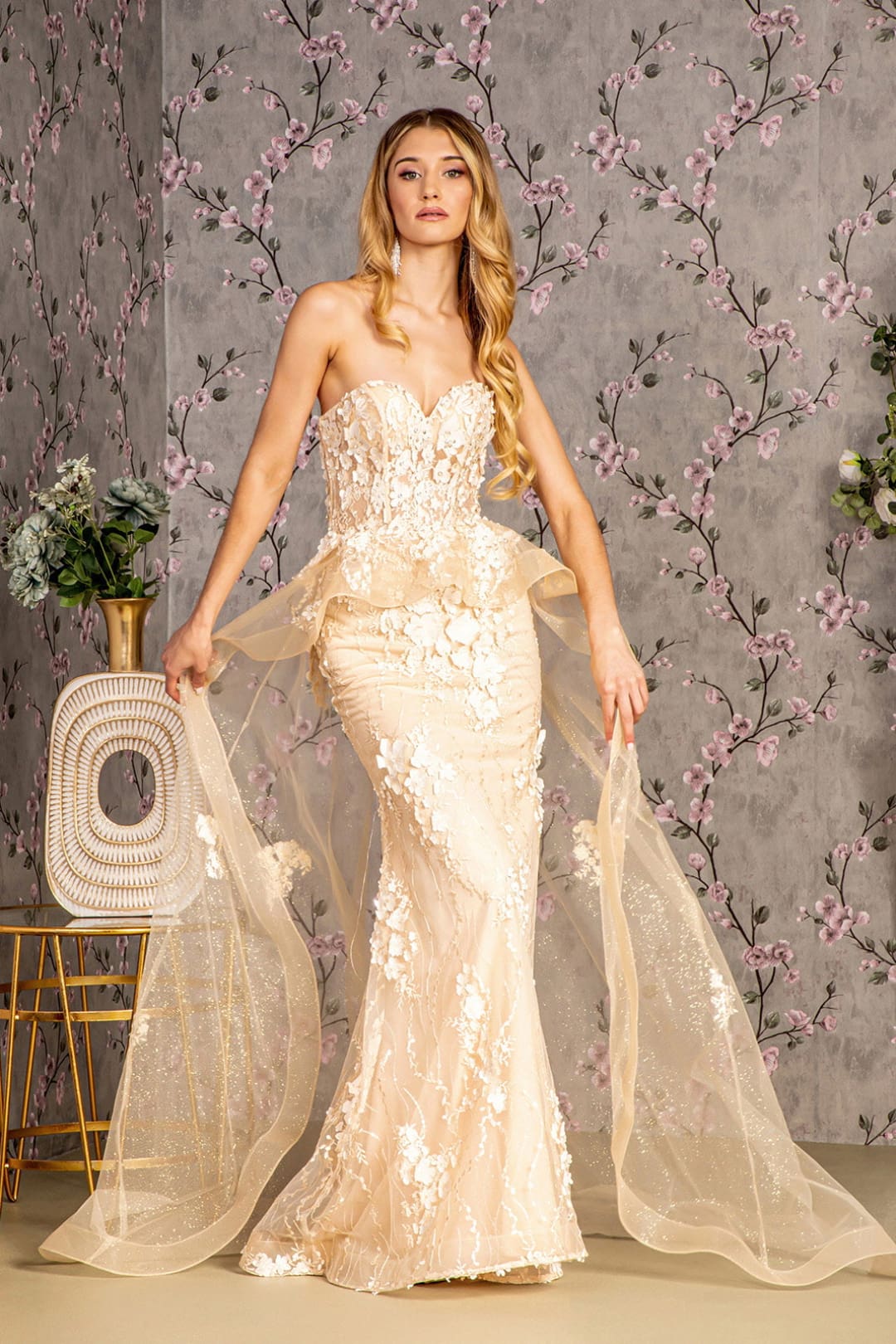 Fitted 3D Floral Strapless Overskirt Gown by GLS Gloria GL3257 - S / Champagne - Long Formal Dresses