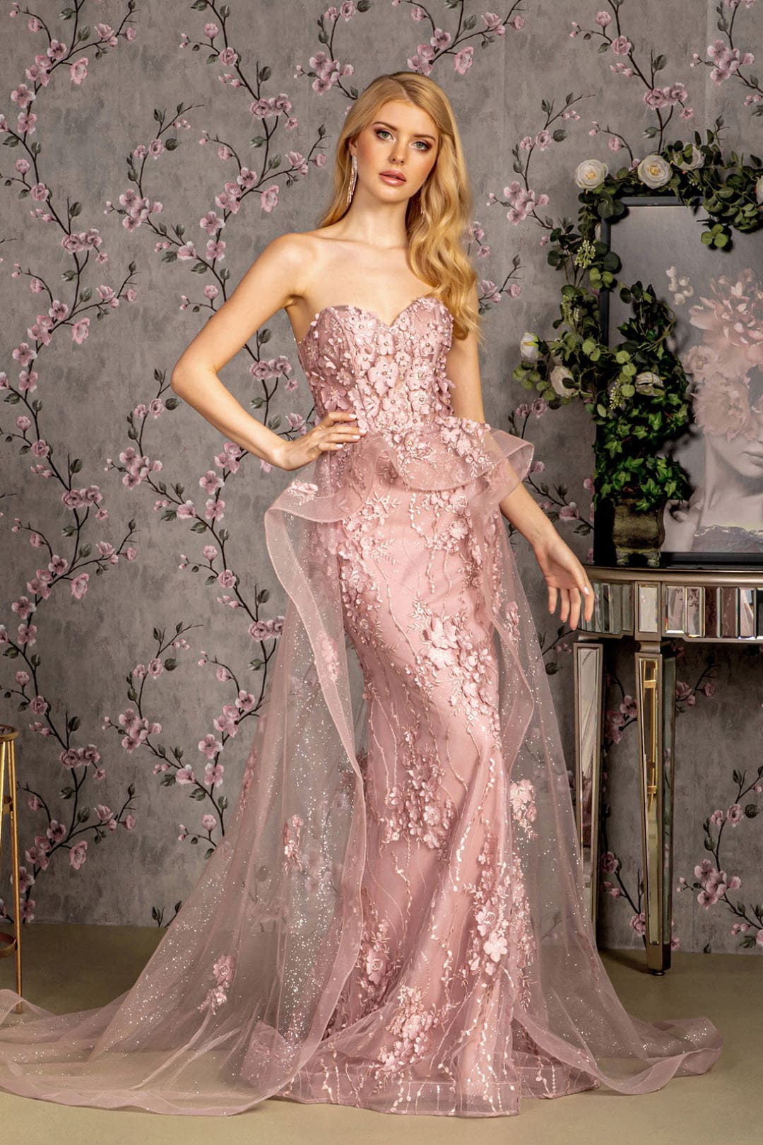 Fitted 3D Floral Strapless Overskirt Gown by GLS Gloria GL3257 - S / Mauve - Long Formal Dresses