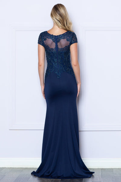 Poly USA 9320 Fitted Beaded Sheer Short Sleeve Gown