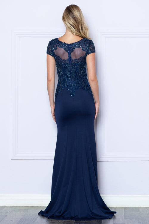 Poly USA 9320 Fitted Beaded Sheer Short Sleeve Gown