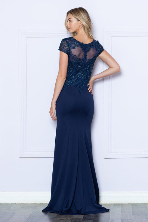 Poly USA 9320 Fitted Beaded Sheer Short Sleeve Gown