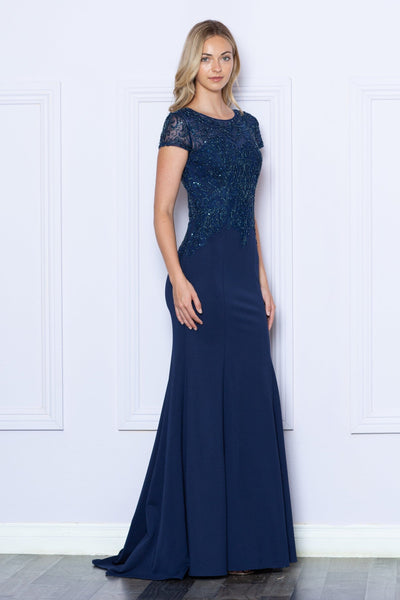 Poly USA 9320 Fitted Beaded Sheer Short Sleeve Gown