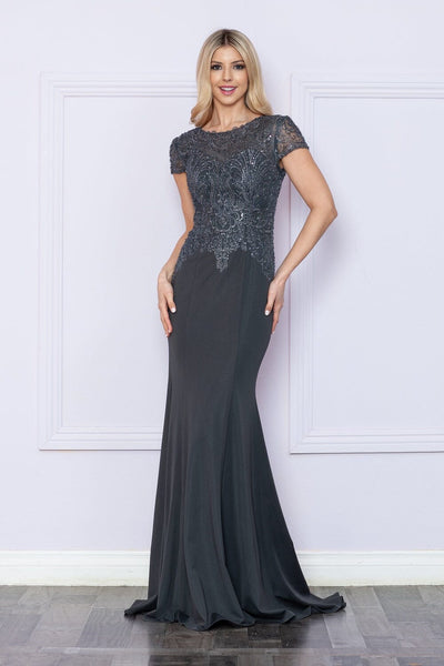 Poly USA 9320 Fitted Beaded Sheer Short Sleeve Gown
