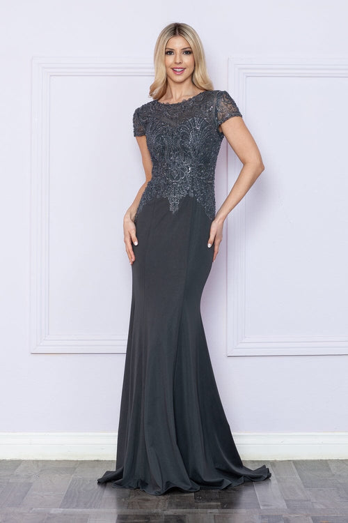 Poly USA 9320 Fitted Beaded Sheer Short Sleeve Gown