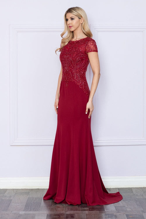 Poly USA 9320 Fitted Beaded Sheer Short Sleeve Gown