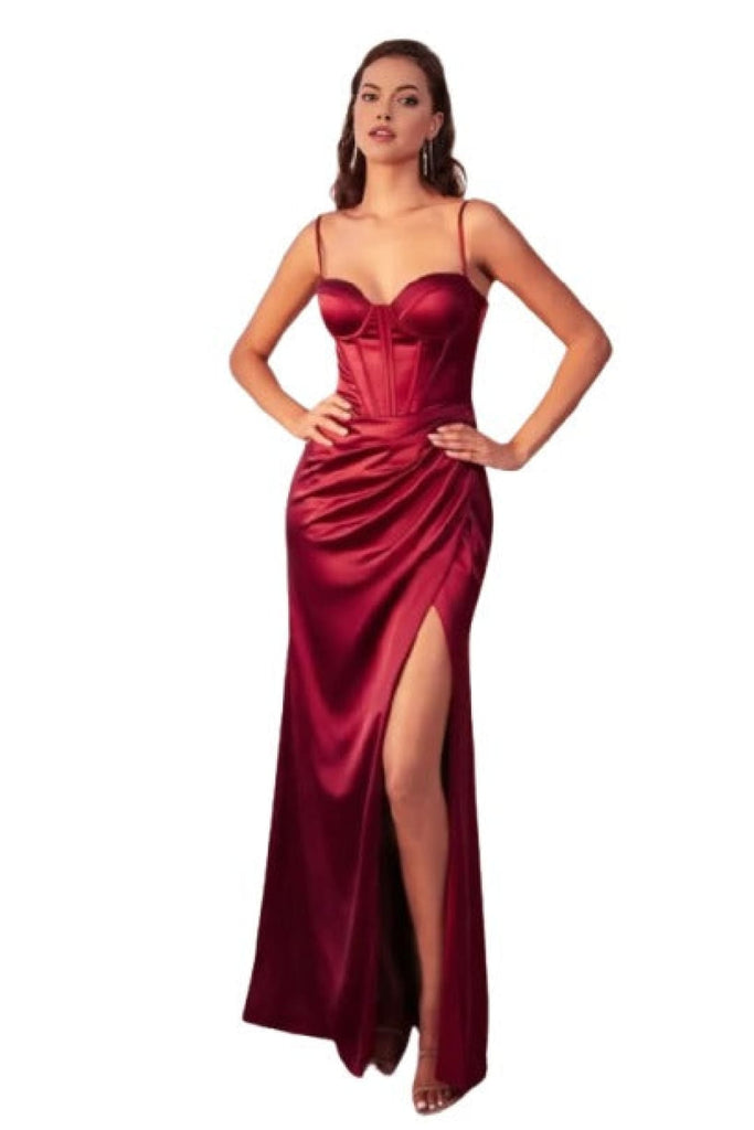 Fitted Bustier Corset Satin Prom Gown 2025 High Slit Elegant Dress - BURGUNDY / 2 - Dress