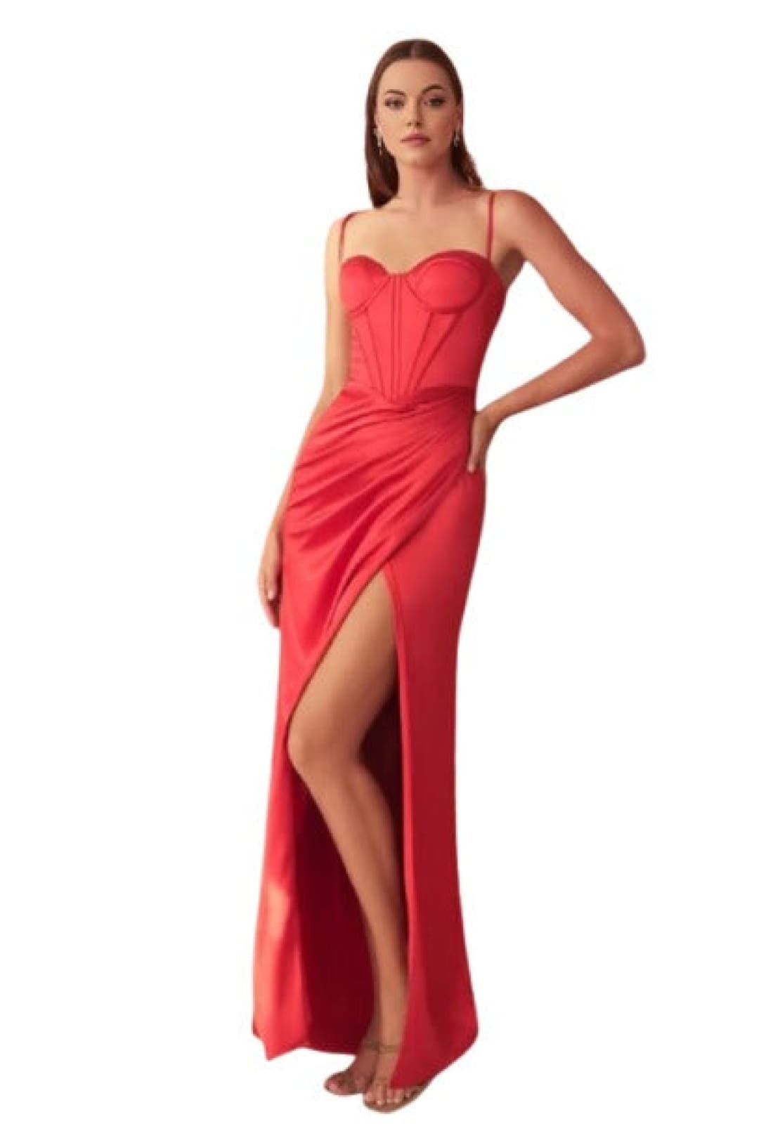 Fitted Bustier Corset Satin Prom Gown 2025 High Slit Elegant Dress - RED / 2 - Dress