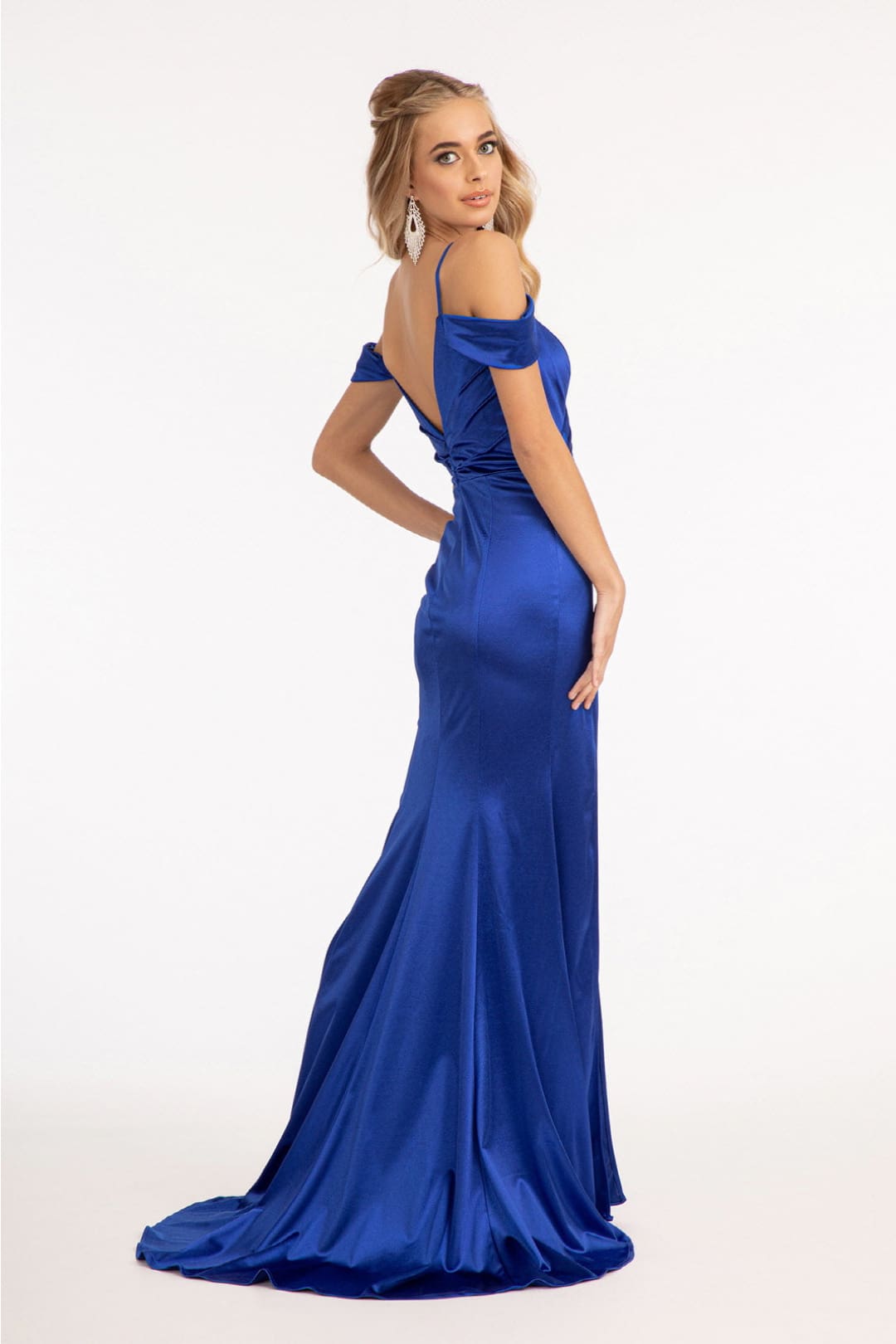 Fitted Cold Shoulder Satin Gown by Elizabeth K GL3060 - Long Formal Dresses