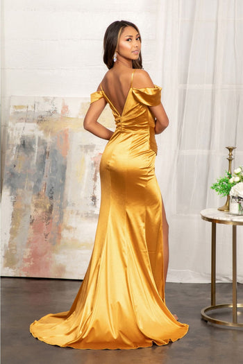 Fitted Cold Shoulder Satin Gown by Elizabeth K GL3060 - Long Formal Dresses