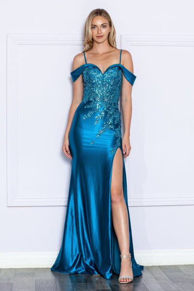 Poly USA 9350 Fitted Embroidered Cold Shoulder Slit Gown