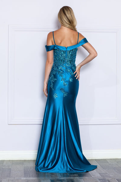 Poly USA 9350 Fitted Embroidered Cold Shoulder Slit Gown