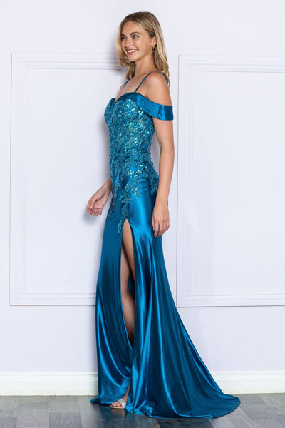 Poly USA 9350 Fitted Embroidered Cold Shoulder Slit Gown