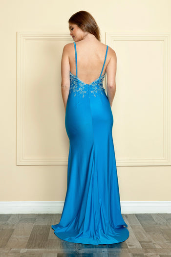Vestido ajustado con escote en V profundo y bordado de Poly USA 9120