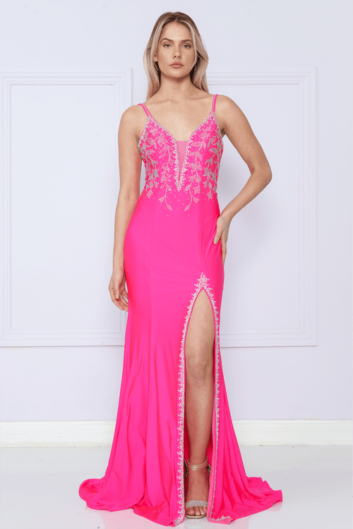 Poly USA 9120 Fitted Embroidered Deep V-Neck Gown