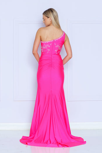 Vestido ajustado bordado de un solo hombro de Poly USA 9136