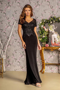 Fitted Embroidered Short Sleeve Gown by GLS Gloria GL3361 - S / Black - Long Formal Dresses